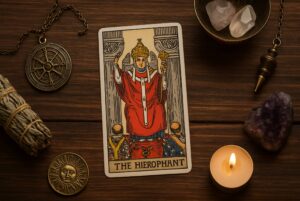 Дізнайтеся, що символізує карта Ієрофант у Таро. Повне тлумачення значення від тарологів: духовність, традиції, гармонія та внутрішня мудрість.