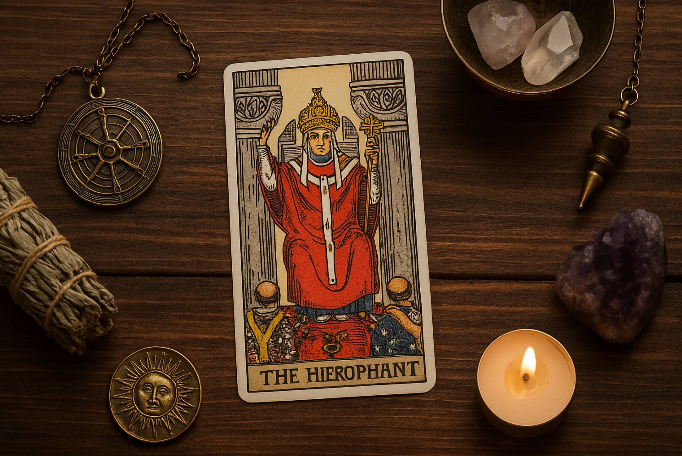 Дізнайтеся, що символізує карта Ієрофант у Таро. Повне тлумачення значення від тарологів: духовність, традиції, гармонія та внутрішня мудрість.